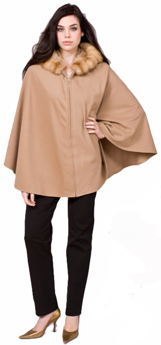 Camel cashmere zip front cape with golden sable hood - Item # CS0001