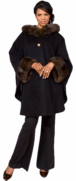 Black Loro Piana 100% cashmere hooded cape w/ sable trim - Item # CS0006
